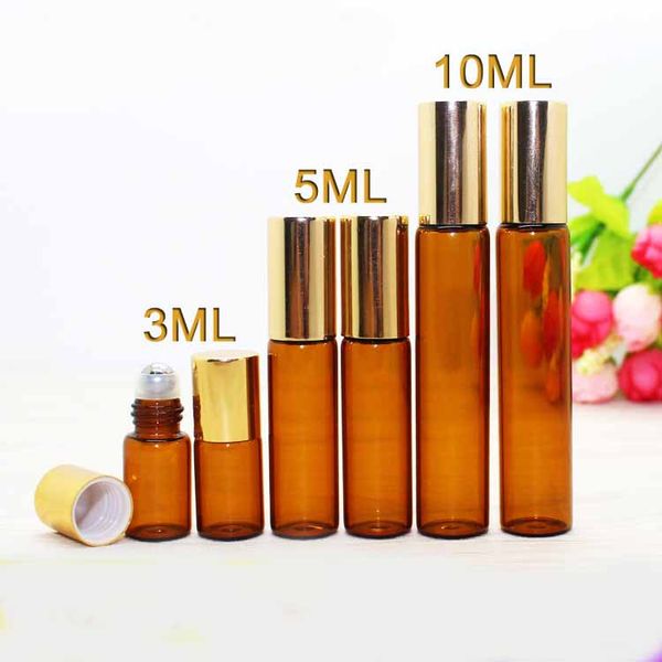 

packing bottles 3ml 5ml 10ml amber brown glass roll on essential oils perfume bottle with steel roller ball gold cap