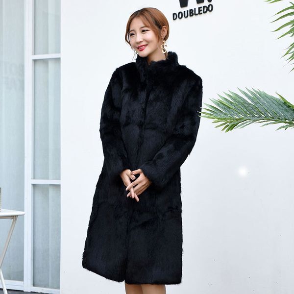 

winter real fur long thick coats women 2018 plus size women fur coat ladies jacket long sleeve slim plaid jackets, Black