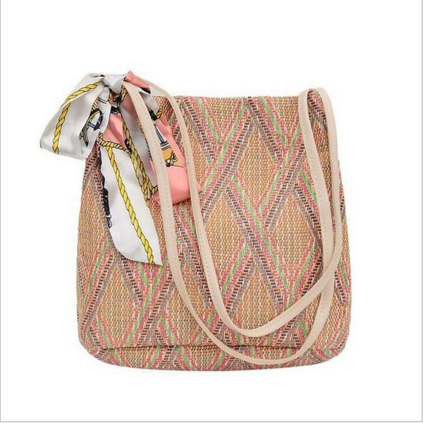 

2019 casual women girls bag straw bucket shoulder bag with ribbons lady summer holiday handbag vintage bolsa feminina