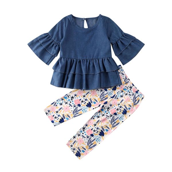 

2020 toddler kids baby girls blue flare sleeve ruffles denim dress t-shirt floral pants outfits set clothes 1-6y, White