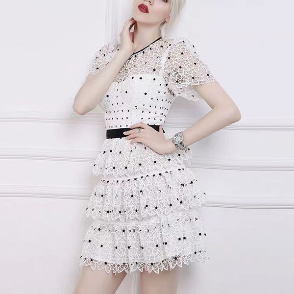 

white prom dress a-line short cake lace prom dress 2019 cute see though short sleeve polka dot party vestido, White;black