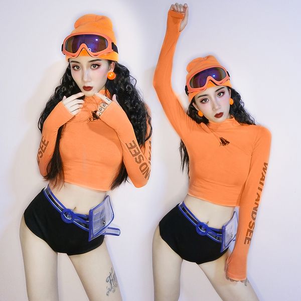 

navel pole dance shorts for women jazz costume hip hop dj nightclub gogo show long sleeve rave stage costume 3557, Black;red