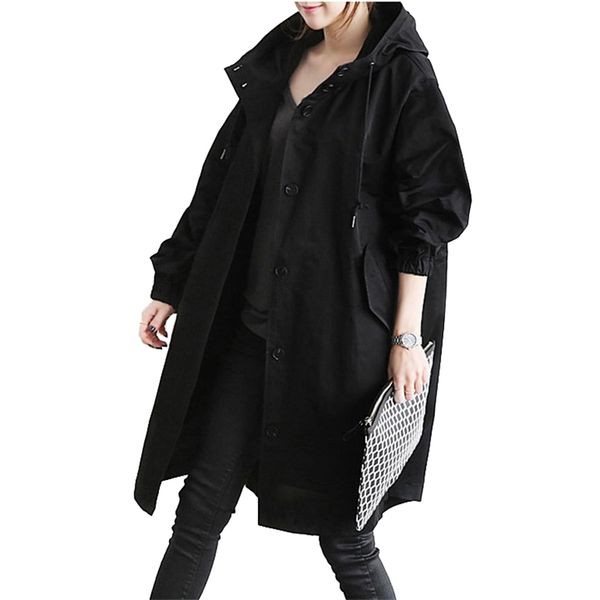 

2019 spring autumn trench coat women hooded cotton thin coats female single-breasted large size windbreaker no lining a2463, Tan;black