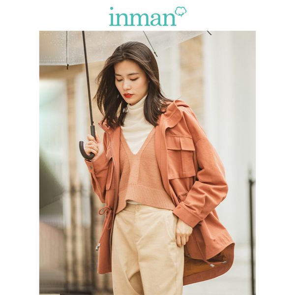 

inman 2019 осень новое прибытие мода контраст с капюшоном мода личность падение плеча рукав все подобранные женщины короткое пальто, Black;brown