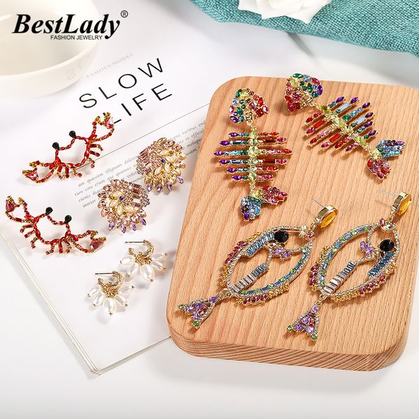 

best lady glass crystal fish crab drop dangle earrings for women colorful wedding bridal gift shiny bohemian party bijoux, Silver