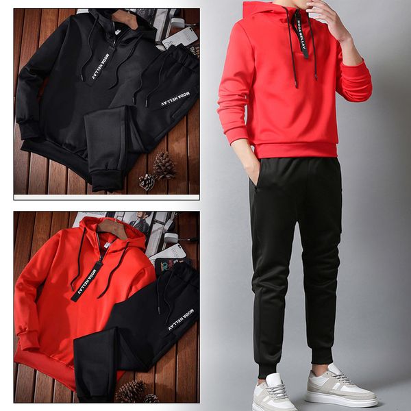 

hoodies suit long-sleeved pullover football play mens two piece men's suits running sports sport suit, White;black