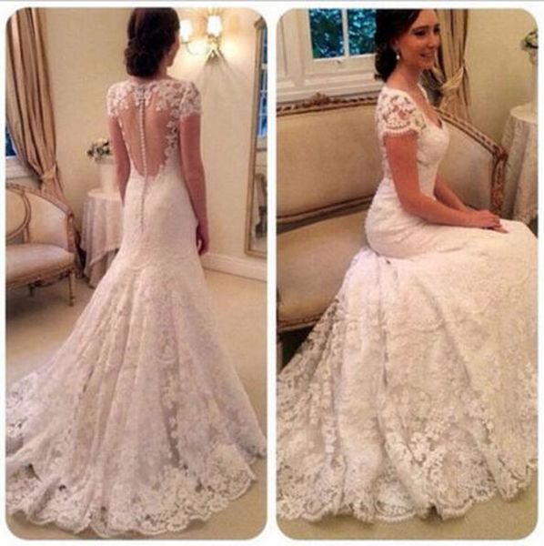 

2019 Elegant V-neck Full Lace Wedding Dresses Cap Sleeves Romantic Illusion Button Back Long Mermaid Bridal Gowns with Sweep Train