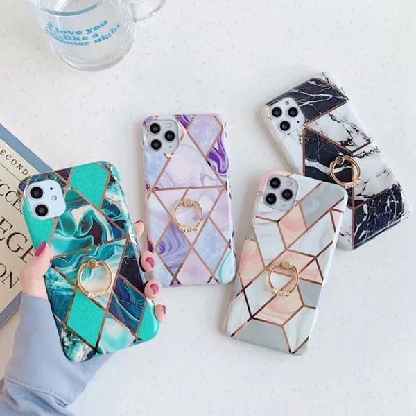 

geometric plating marble case for iphone 11 xs max xr x 8 7 6 360 finger metal ring +luxury hybrid soft tpu imd rock holder chromed cover
