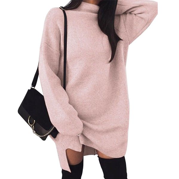 

women slit hem autumn winter casual warm all match knee length sweater soft pullover, White;black