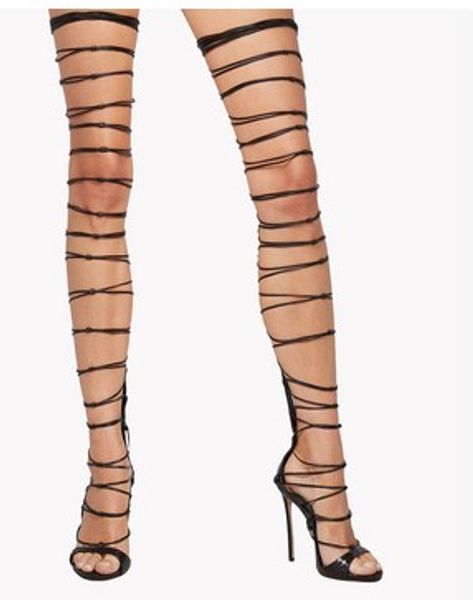 Frete grátis 2019 cobra de couro das senhoras cross-amarrado zipper stiletto sapatos de salto alto sapatos sexy ao longo do joelho botas de comprimento preto cor tamanho 35-41