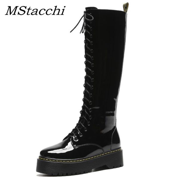 

mstacchi fashion women lace up platform boots for woman black patent leather boots mujer 2019 winter warm plush mid-calf botas