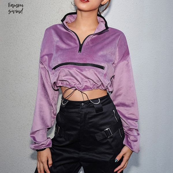 

cropped velvet zipper turtleneck sweatshirt women long sleeve pullover hoodies streetwear spring autumn hoodie crop top, Black