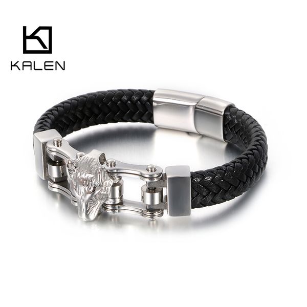 

punk stainless steel gold/silver viking wolf charm bracelet men 21cm vintage leather animal wristband bangle male jewelry, Golden;silver