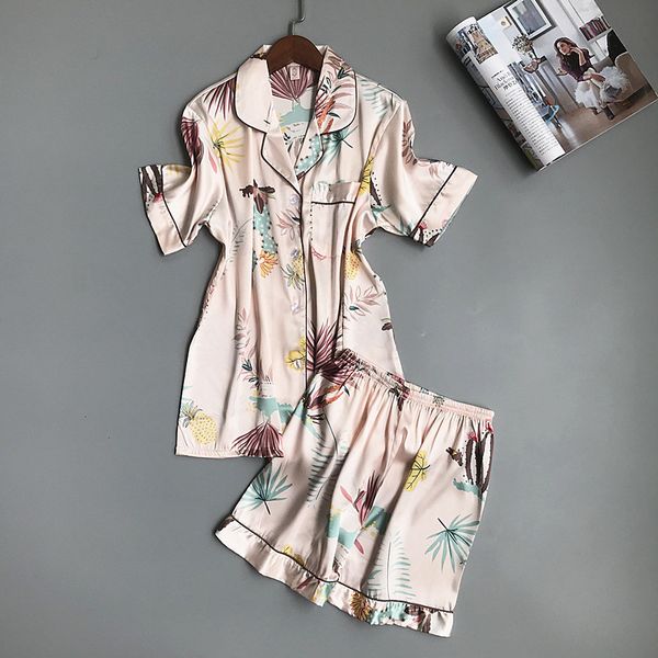 

summer printing pajama set woman ice silk short sleeve shorts suit pyjama soft breathable sleepwear, Blue;gray
