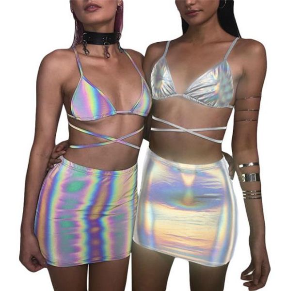 

3m reflective women 2pcs suits summer cross strap bikinis nightclub pencil dress beach bathing clothing, White