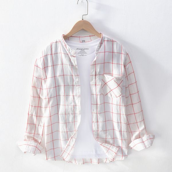 

cotton linen long sleeve mens stand collar slim plaid dress shirt men social business shirts male camisa chemise ts-555, White;black