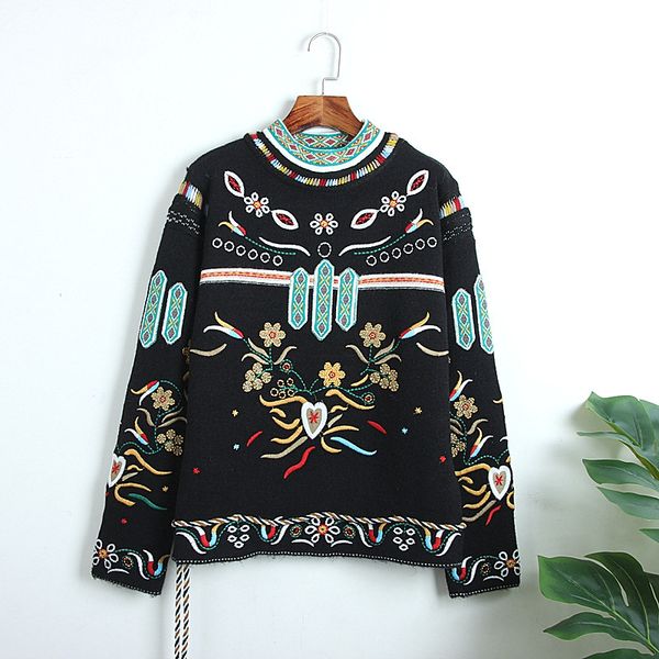 

vintage style embroidery flower pattern pullover lace up rope hem winter knit sweater female ethnic retro jumper warm, White;black