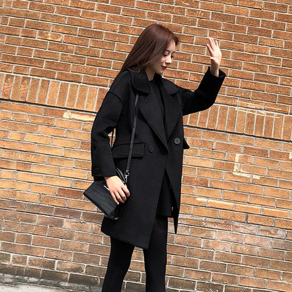 

preppy style pockets long coat for women turn-down collar wool coat and jacket single button solid women clothes 2018, Black