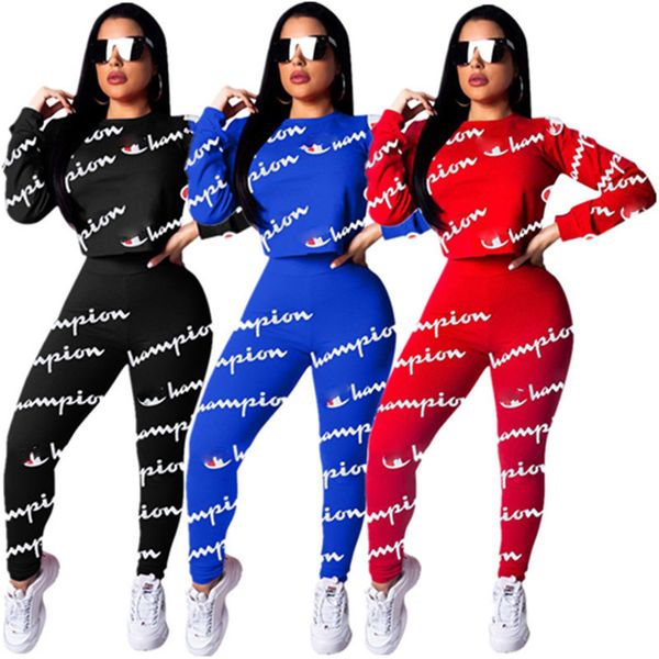 

women champions letter tracksuit long sleeve t shirt crop + pants leggings two piece suit fashion spring sweatshirt outfits clothes set, White