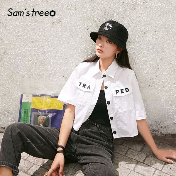 

sam's tree white solid letter print casual women shirts 2020 summer new pure chic button half sleeve korean ladies daily