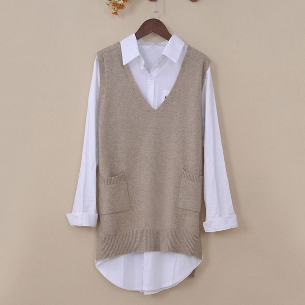 

cashmere v-neck sleeveless women's sweater vest autumn split solid womens long vests sweaters pockets 2019 winter female, Black;white