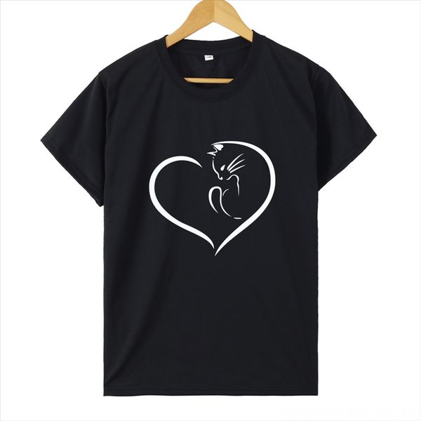 

2019 pullover creative love cat print pullover casual short-sleeved t-shirt loose large size female t-shirt, White