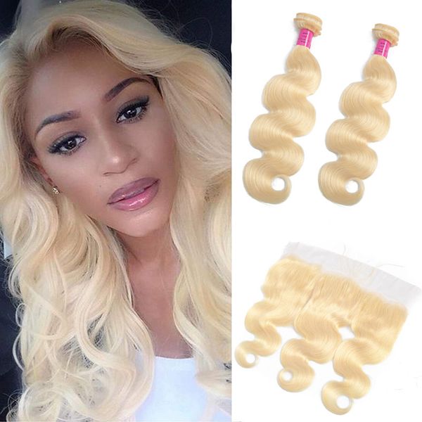 

peruvian human hair 2 bundles wih 13x4 lace frontal body wave blonde hair products 10-30inch 613# color wefts with closure, Black;brown