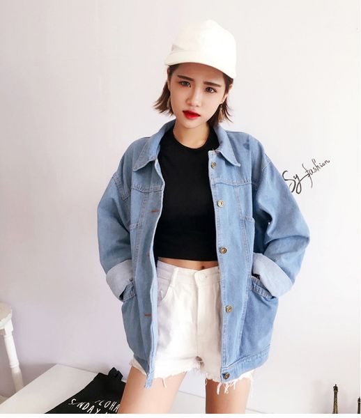 

spring autumn jeans jackets womens long sleeve casual loose coat female turn denim collar oversize short outerwear chaquetas, Black;brown