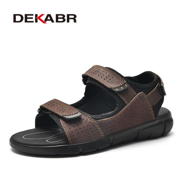 

dekabr brand men's casual shoes genuine leather sandals men flip flops breather slippers plus size 38~48 summer sapato masculino, Black
