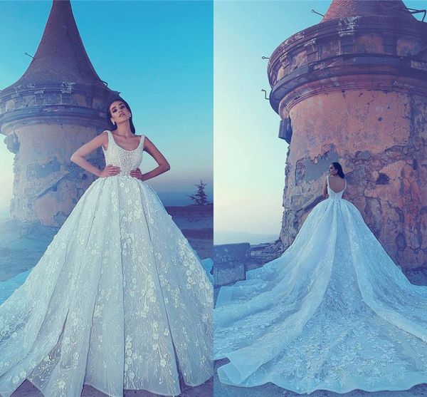 Luxury Lace Appliqued Sequined 3d Flowers Wedding Dresses Vintage