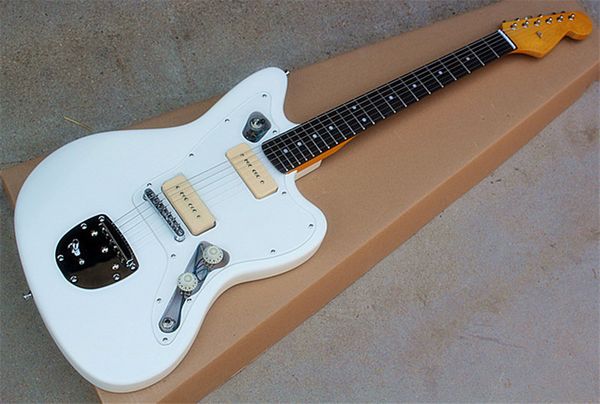 

factory white electric guitar with acrylic pickguard,rosewood fingerboard,chrome hardwares,p90 pickups,can be customized.