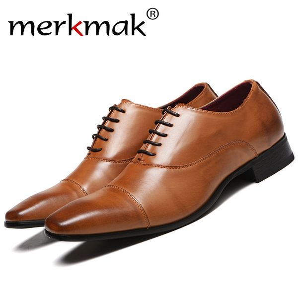 

merkmak men shoes 2020 new spring dress shoes business pu leather lace-up footwear formal shoes for wedding party y200420, Black