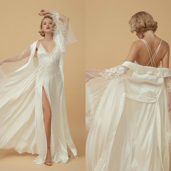 Robes de casamento Sexy com Wrap esparguete Plimado com pena alta-split Duas Peças de Vestido De Noite Para Mulheres varrem comboios Vestidos de Pijamas Roupa de cama personalizada