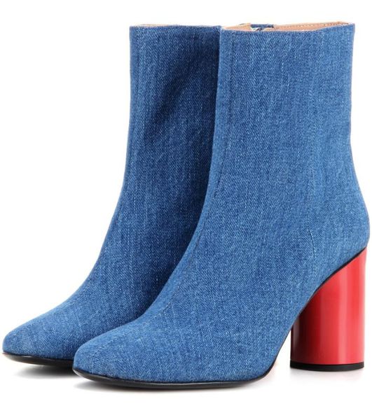 

us4-12 womens round toe denim jeans side zipper ankle boots block red heels punk motorcycle shoes plus size c806, Black