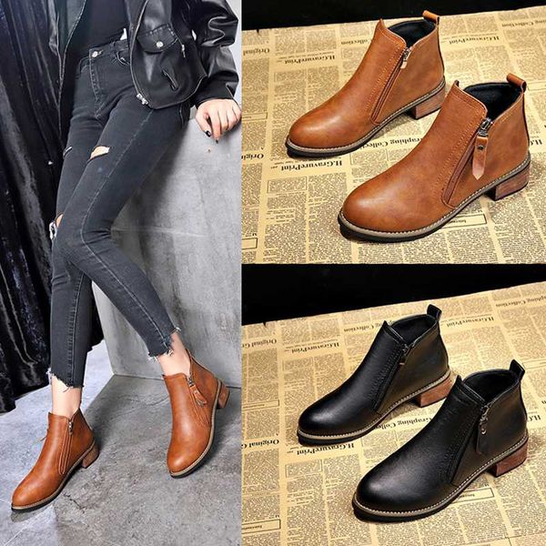 

round toe autumn boots women's low shoes booties ladies lace up chunky heel bootee woman 2019 zipper mid-calf, Black