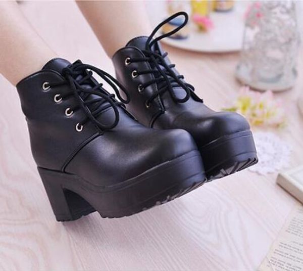 

new boots women platform shoes lace up pu leater shoes white black women chunky heels woman 35-40