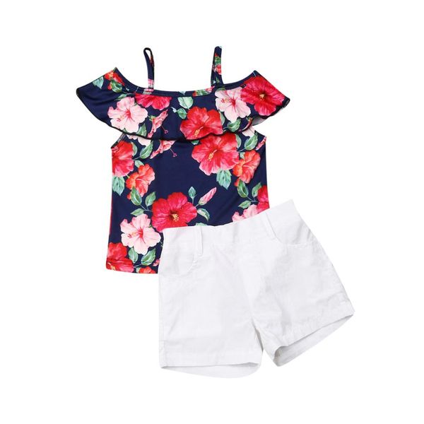 

2019 toddler baby kids girl clothes set off shoulder rose printed short sleeve summer ruffle shorts outfit clothing 2pcs, White