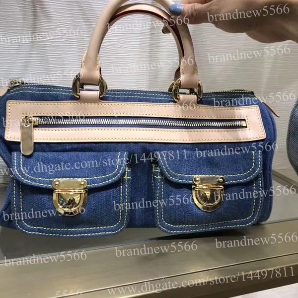 

sell 32cm women's jeans handbag 44462 genuine calfskin leather shoulder bag with two pocket front 2019 lady handle tote