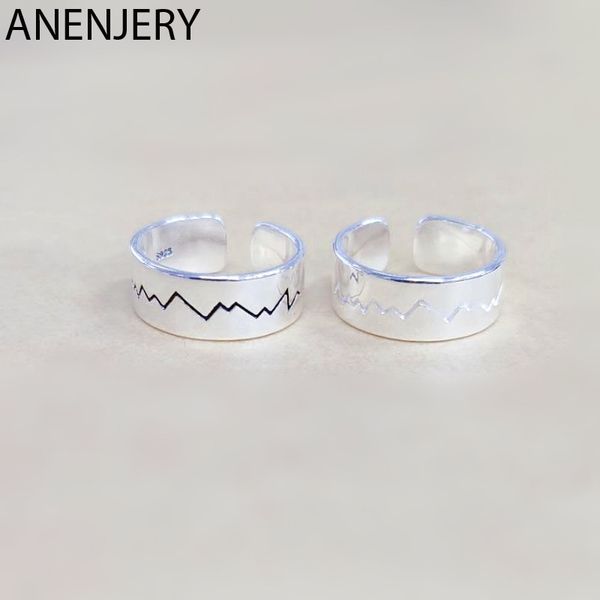 

anenjery 925 sterling silver rings for women novelty promiss heartbeat wave ecg ring adjustable korean jewelry s-r403, Golden;silver