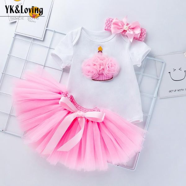 

3pcs/set baby girl clothing sets 1 year toddler tutu first birthday cake smash outfits infant christening suits for 12 months, White