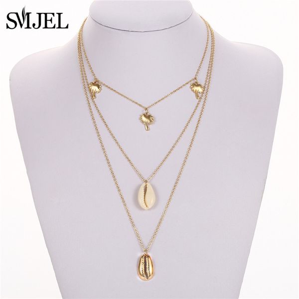 

smjel natural summer beach shell multi-layer necklaces choker simple bohemian seashell necklace jewelry for women girls gift, Golden;silver