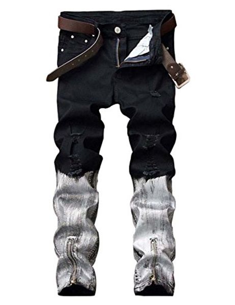 

dsdz men's punk style ripped slim fit paint jeans with bottom zippers, Blue