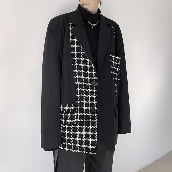 

япония harajuku уличная одежда костюм блейзер пальто верхняя одежда сценическое шоу одежда мужчины старинные плед сращивания свободные повсе, White;black