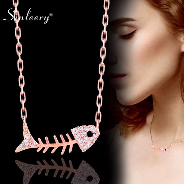 

sinleery chic fish bone pendant necklace rose gold color chain black zircon tiny crystal necklace for women choker xl776 ssb, Silver