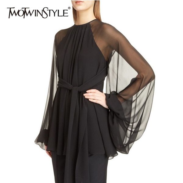 

twotwinstyle elegant shirts blouse women o neck lantern long sleeve ribbons female oversized 2019 spring korean fashion, White