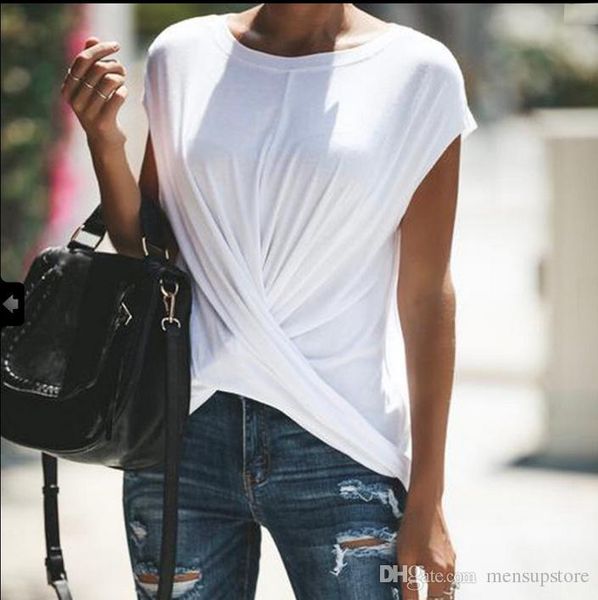 

лето сплошной повседневный tshirts для женщин одежды женского креста драпированного дизайнер тиса, White