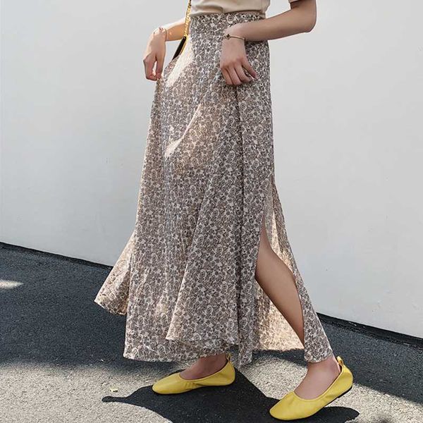 

yocalor high waist summer side split floral print skirts for women 2020 spring vintage chiffon female a-line skirts harajuku, Black