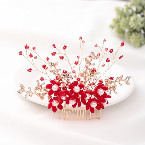 

forseven vintage women headpeice red flower decorated rhinestone hair comb bride wedding party headdress hair jewelry jl, Golden;white
