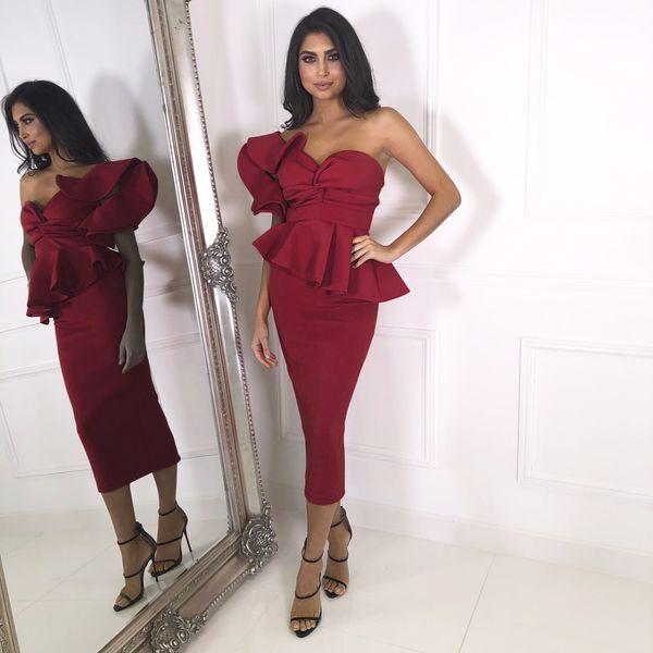 

ruffled one-shoulder burgundy midi dress bodycon strapless party dress knee length night club dresses, Black;gray