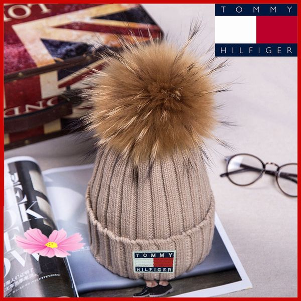 

thrasher winter knitted real fur hat women thicken beanies with 15cm real raccoon fur pompoms warm girl caps snapback pompon beanie hats 074, Blue;gray